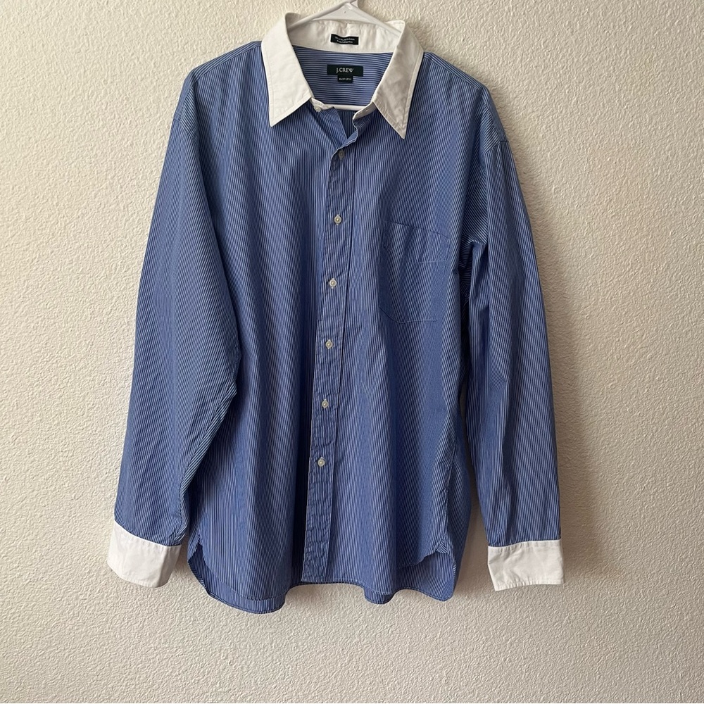 J.Crew Men's XL Blue White Stripe Contrast Collar Cuffs Dress Shirt Button Up